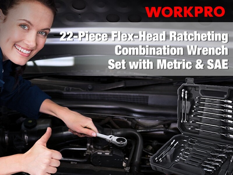 WORKPRO 22PC Ratcheting Wrench Set 72-Teeth Flex-Head Ratchet Combination Wrench