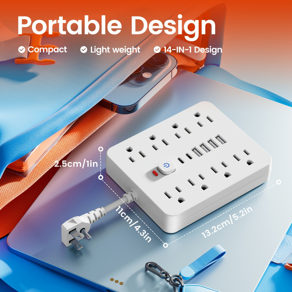 14 in 1 Power Strip Surge Protector 8 Outlets 4 USB 2 Type C Multi Plug