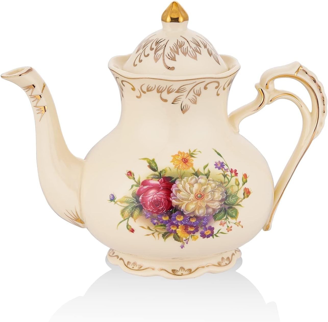 Ceramic Tea Pot 25 OZ/3 Cup Small Ivory Vintage Floral Porcelain Teapot