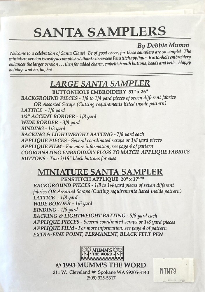Mumm’s the Word Santa Sampler Quilted Pattern