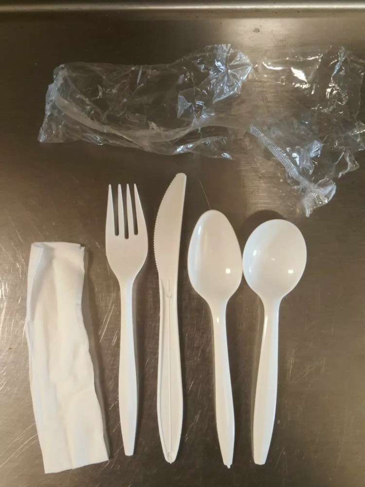 Plastic Cutlery Individually White Wrapped Set 100 w/ Napkin Medium weight NWT