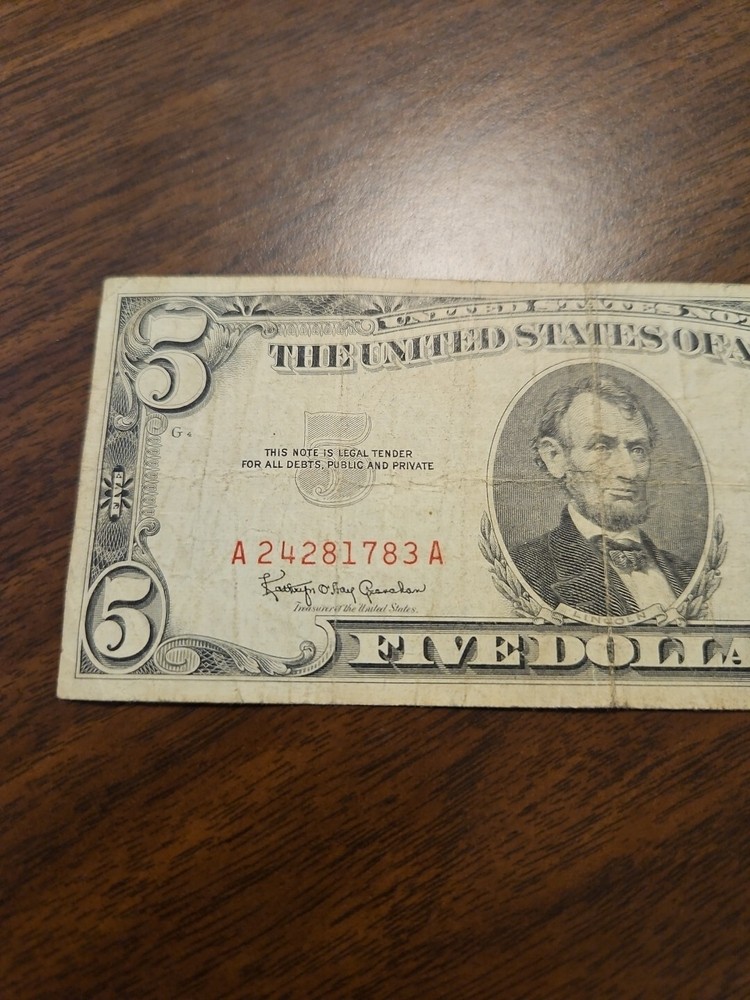 1963 $5 Five Dollar Red Seal Note A24281783A