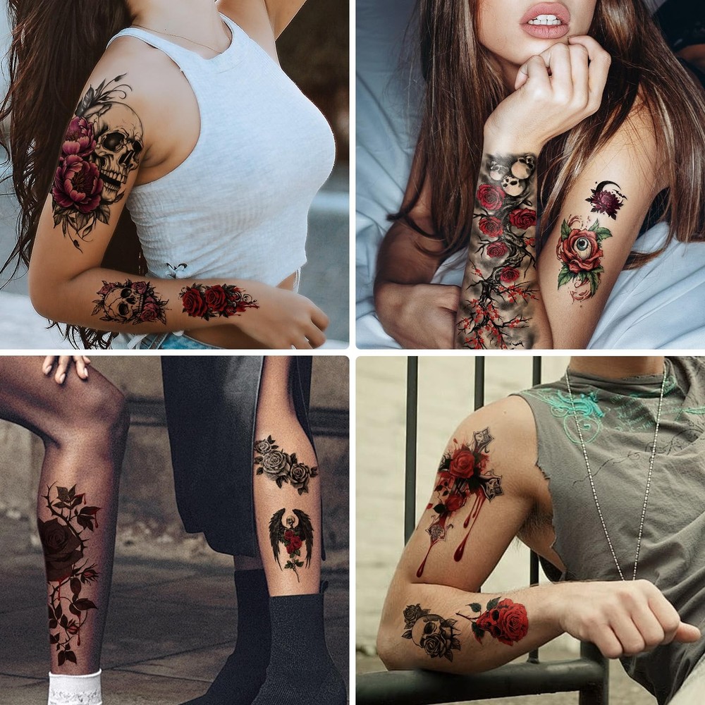 77 Sheets Skull Flower Realistic Temporary Tattoos For Large, Spooky