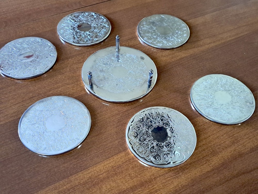 Silver Plated Coaster Set - 6 Coasters with Matching Caddy