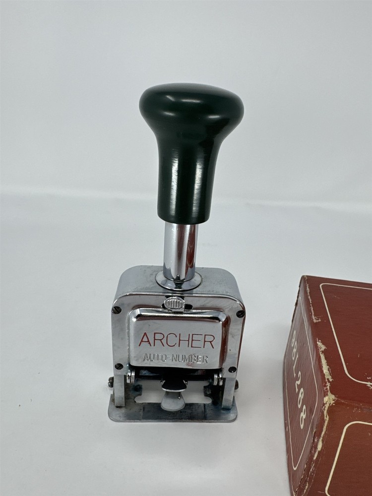 Vtg Archer Automatic Numbering Stamp Machine Metal Chrome Office Deco Untested