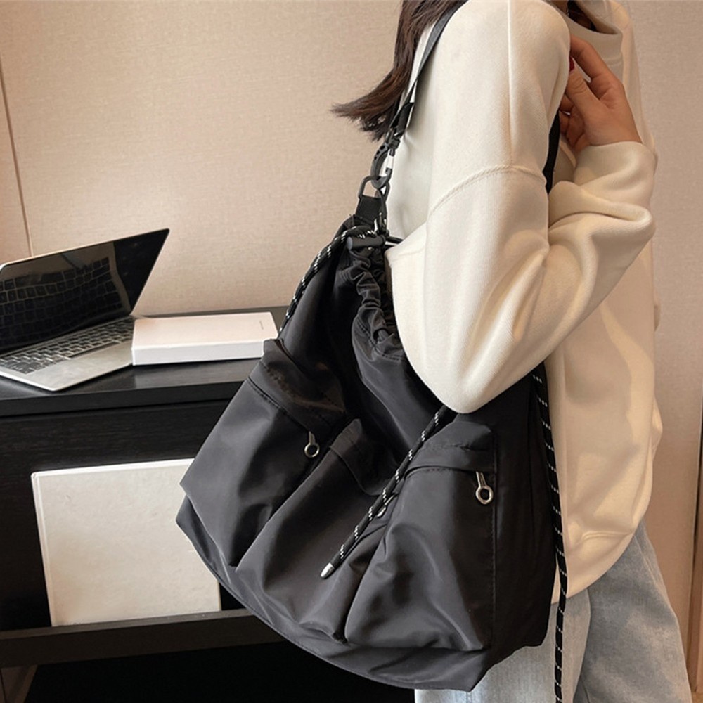 Functional Nylon Shoulder Bucket Bag with Drawstring and 3 Small Pockets