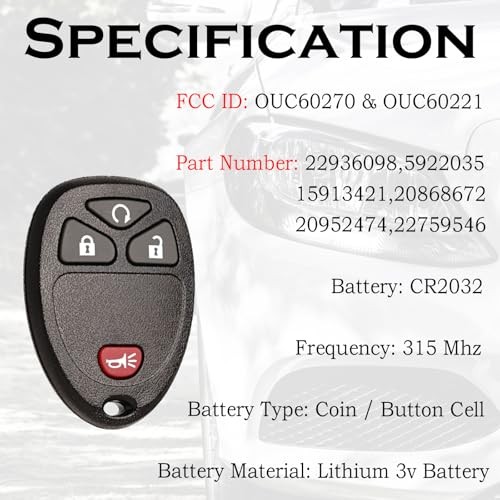 Keyless Entry Remote Control Key Fob Replacement Fits Chevy Four Button