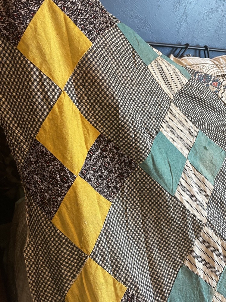 Vintage Quilt Top Handmade Patchwork Cotton Gingham Cheddar