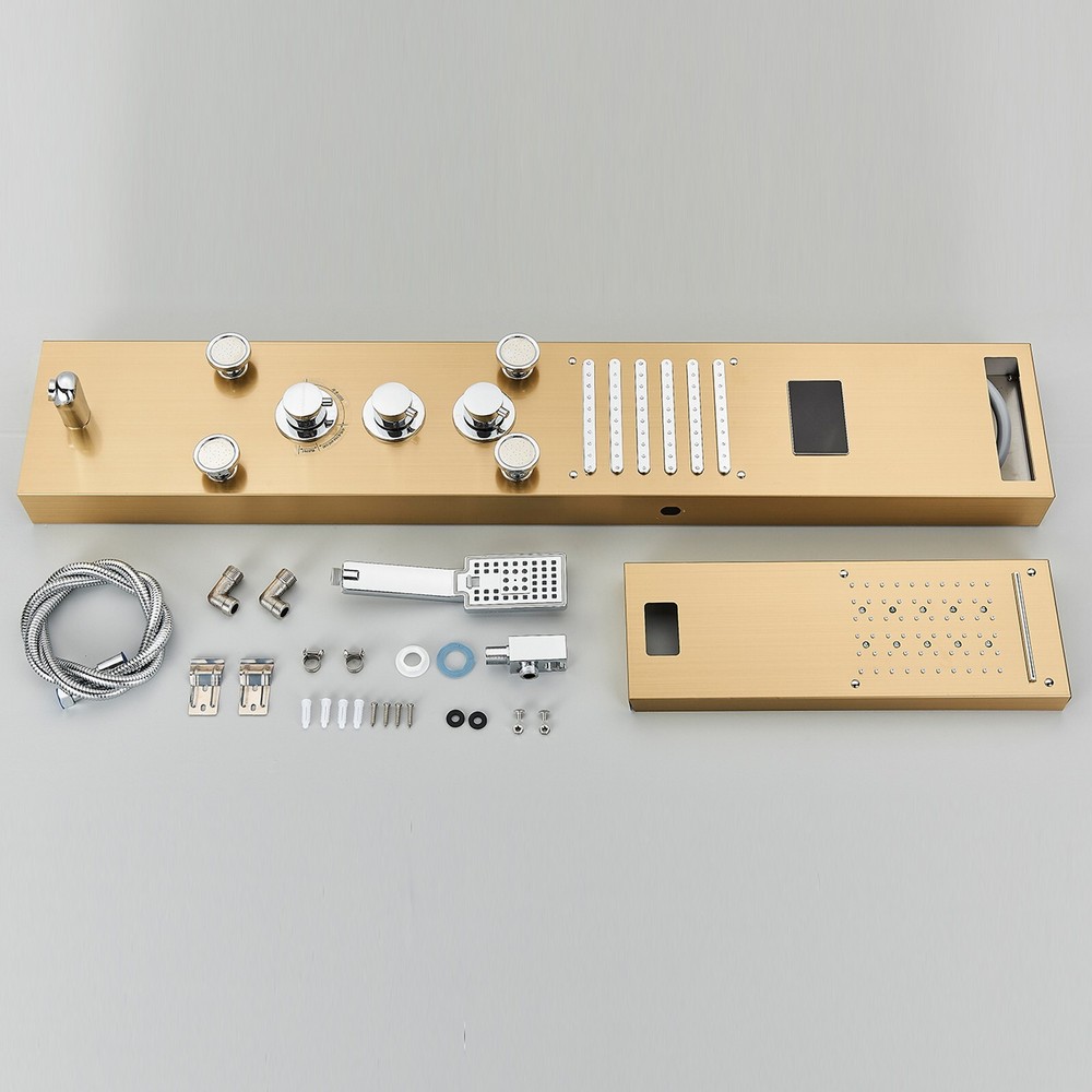 Brushed Gold Shower Panel Tower System LED Rainfall Waterfall Head Faucet Set