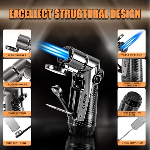 Torch Lighter Windproof Triple Jet Flame Butane Lighter with Punch and Draw