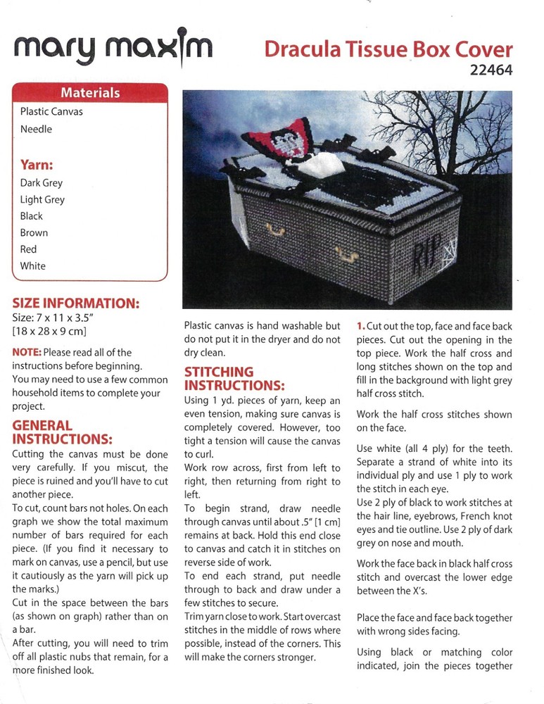 DRACULA TISSUE BOX COVER  plastic canvas  PATTERN (#TF0233)