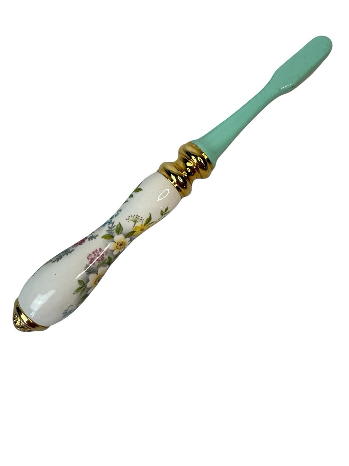 Toothbrush Ceramic Floral & Gold Handle Beau Monde Bathroom Decor Retro VTG