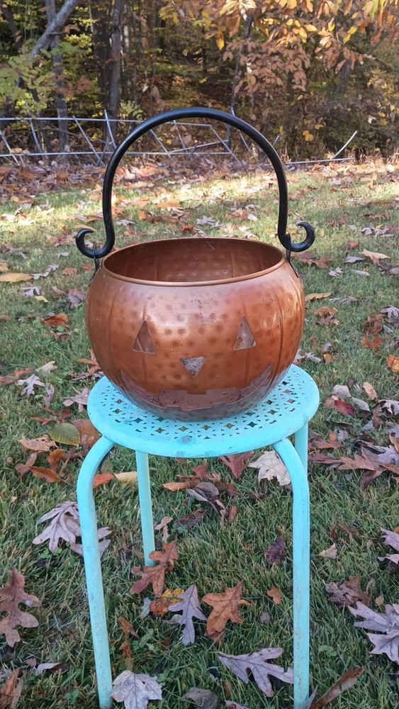 Hammered Copper/Metal Jack-o-Lantern- 13'' With Handle Up