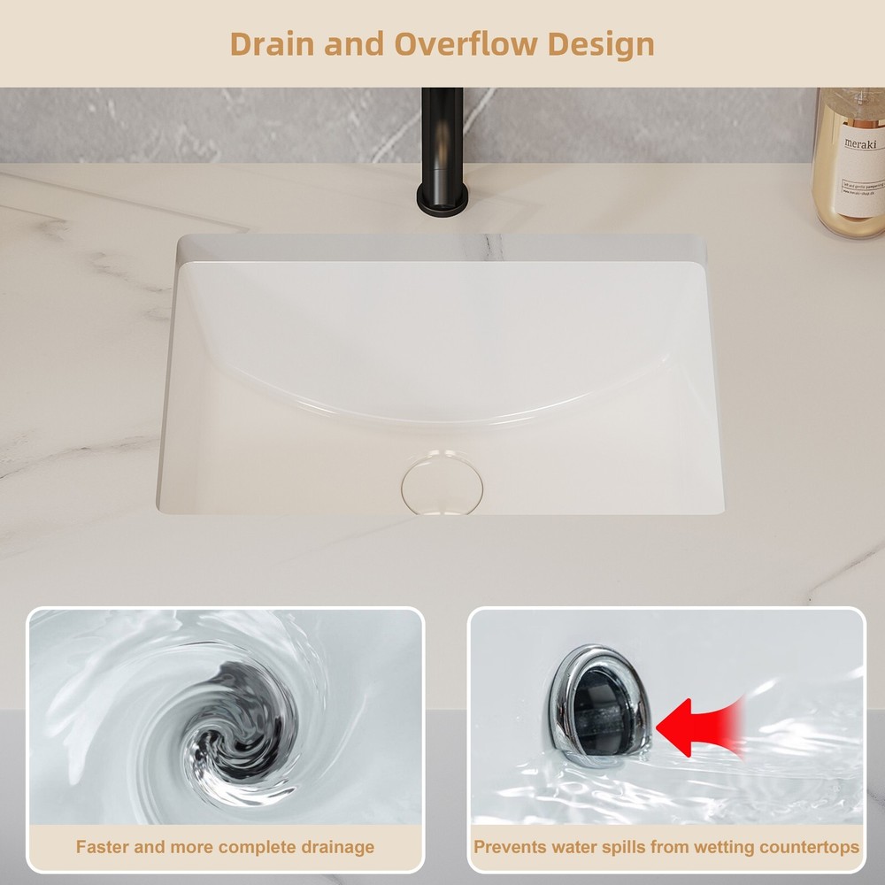 Rectangle Undermount Bathroom Sink, 20'' x 14'' White Ceramic Under Mount Sink