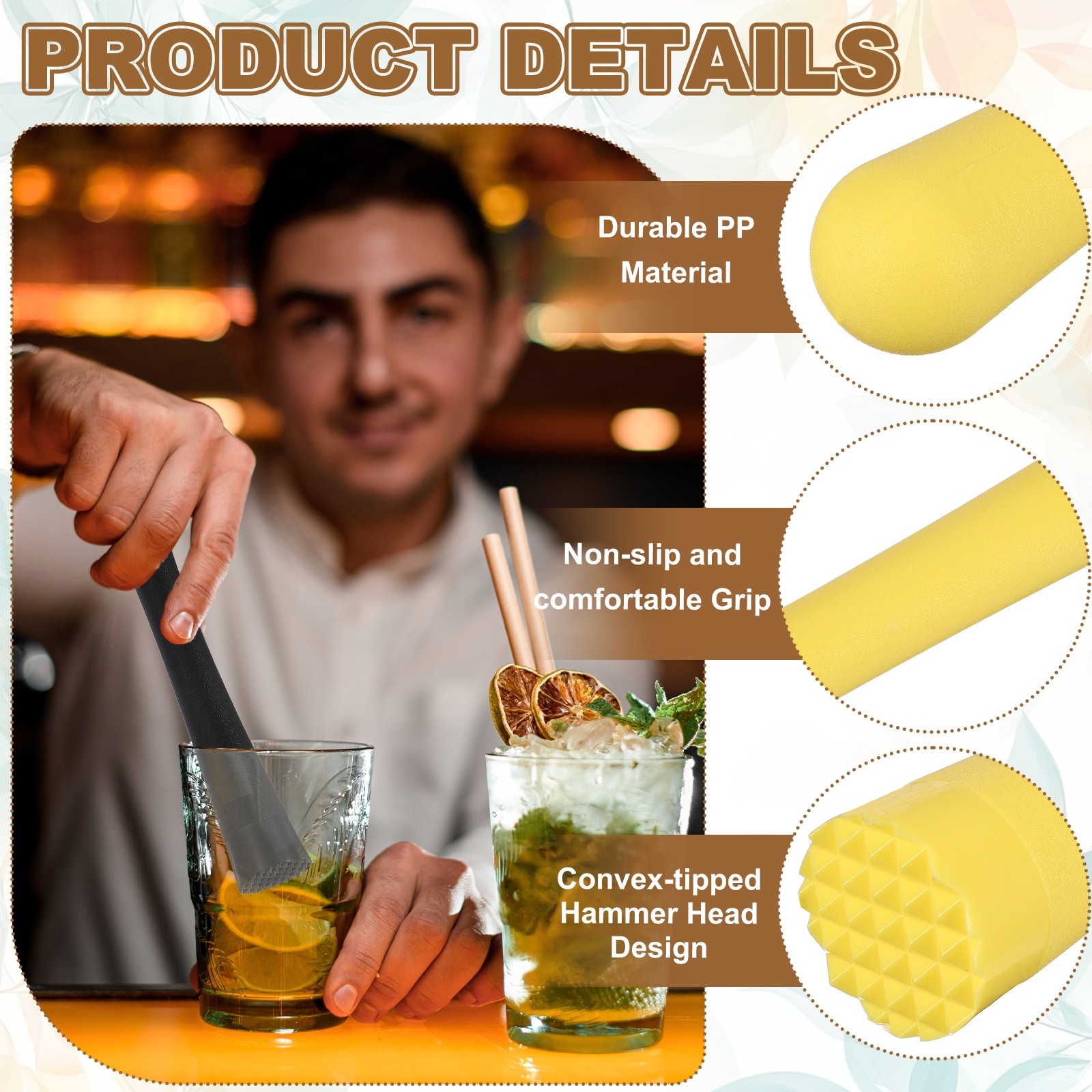 8 Pcs Cocktail Muddler, 10 Inch PP Drink Muddler, Yellow (Thick)