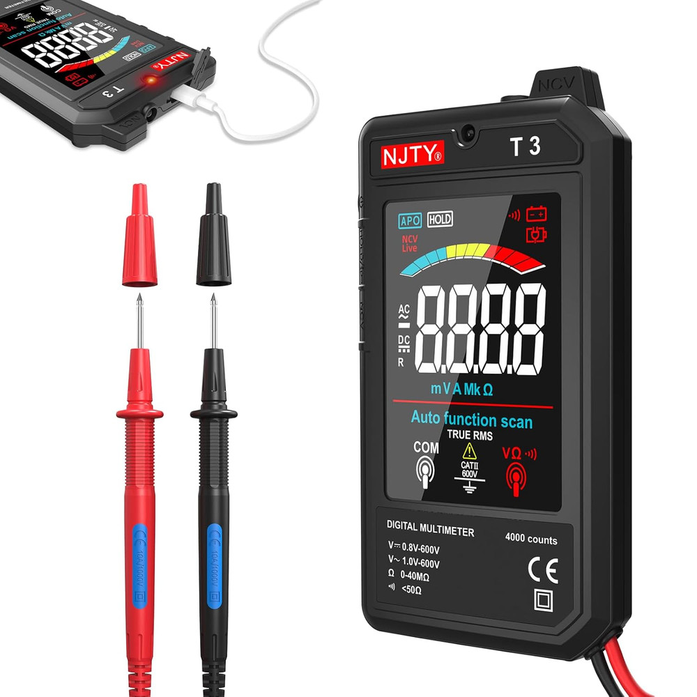 Multimeter, 4000 Counts, Rechargeable Auto-Ranging Digital Voltmeter with Non-Co