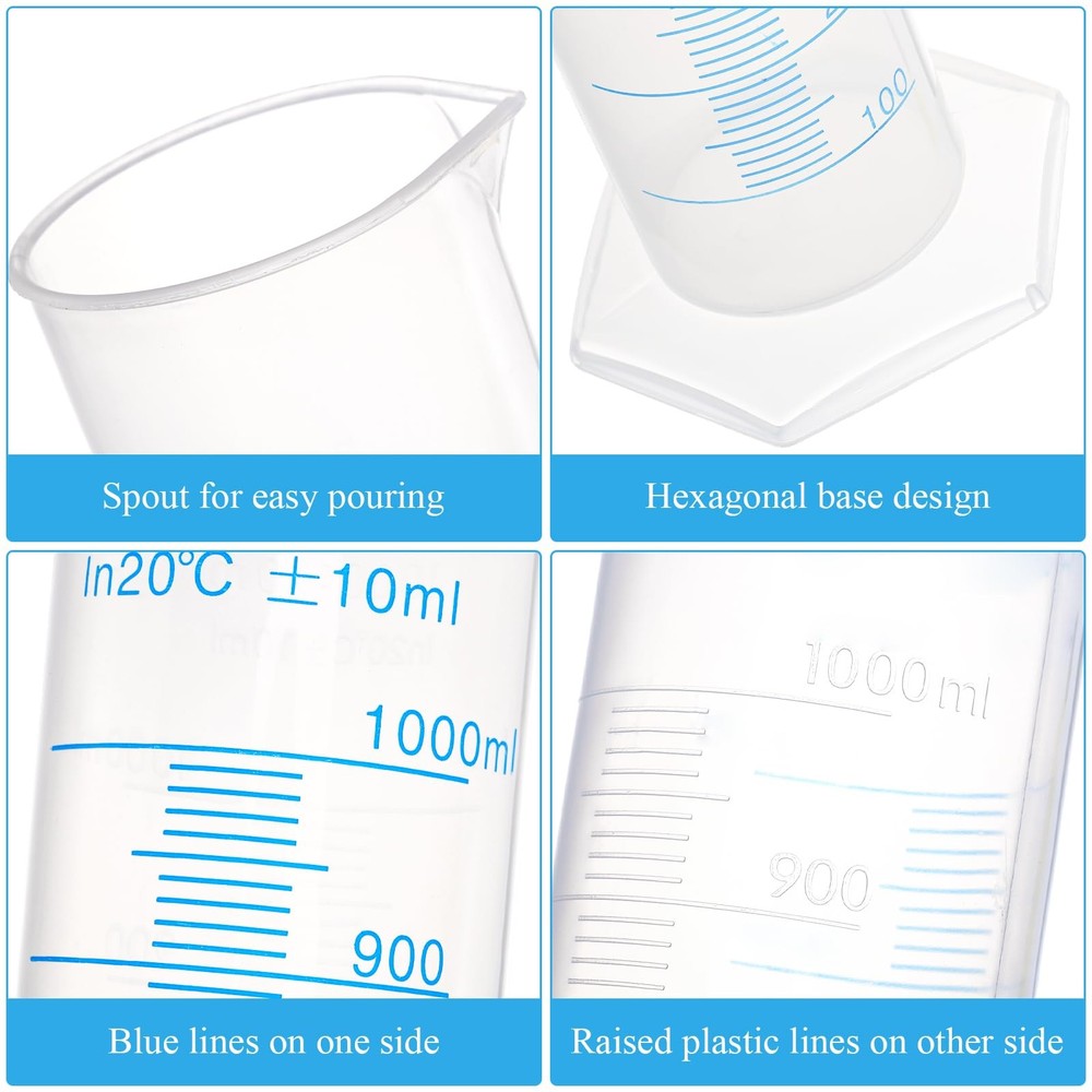 4 Pack 1000ml Plastic Graduated Cylinder with Stable Base, Plastic Measuring ...