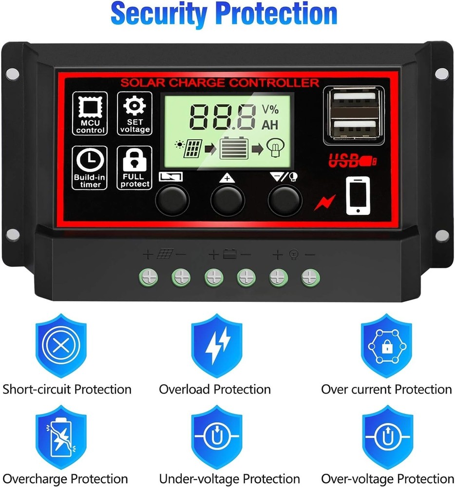 Intelligent 30A Solar Charge Controller with Dual Ports & LCD - Safe & Efficient
