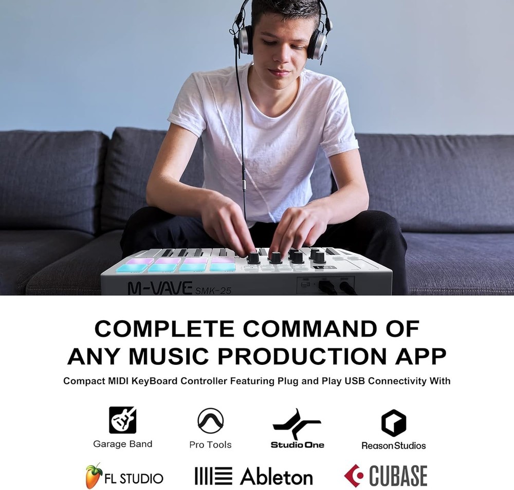 25 Key USB MIDI Keyboard Controller With 8 Backlit Drum Pads, Bluetooth Semi ...