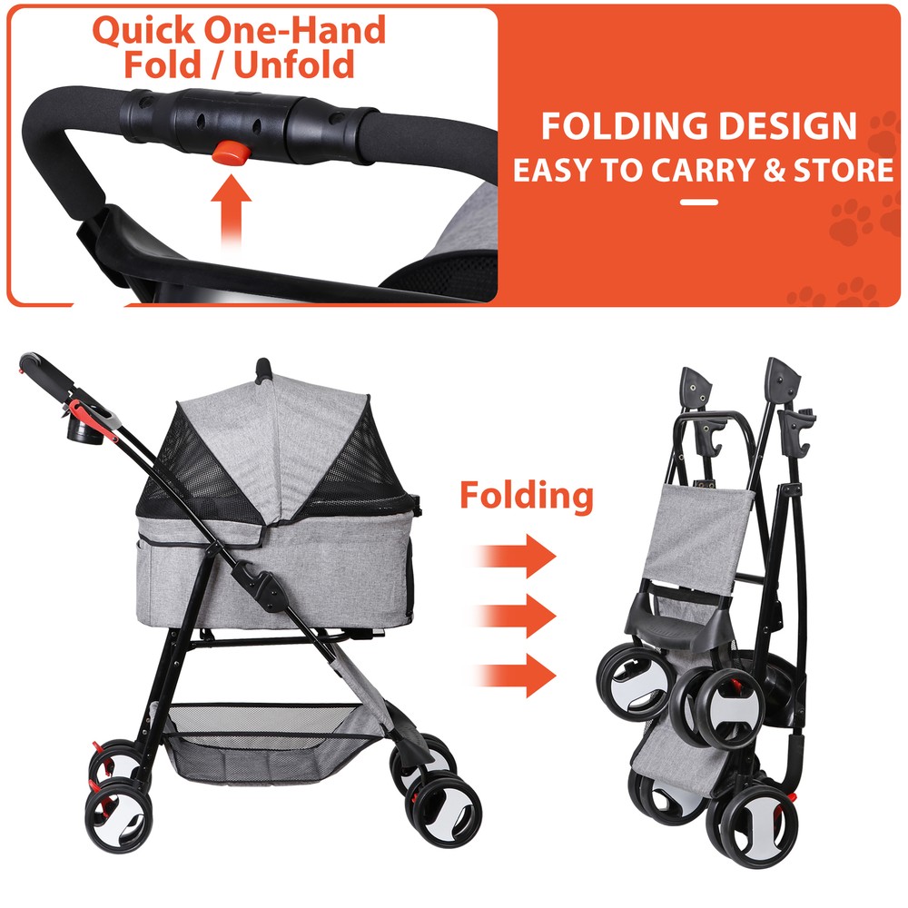 Pet Stroller Folding Lightweight Dog Stroller w/Detachable Carrier & Cup Holder