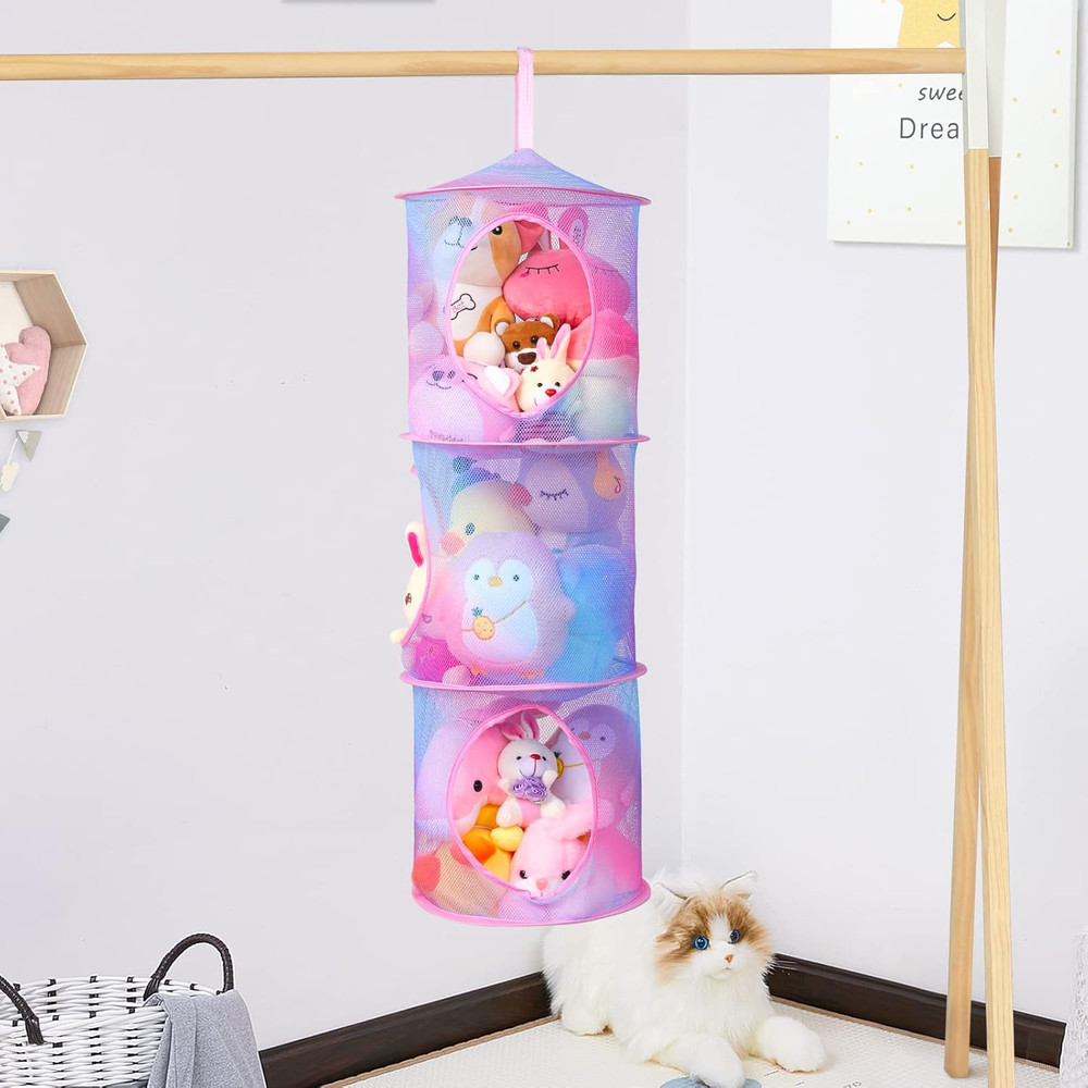 2 Pack Stuffed Animal Storage Mesh Foldable Organizer Net with 3 Compartments