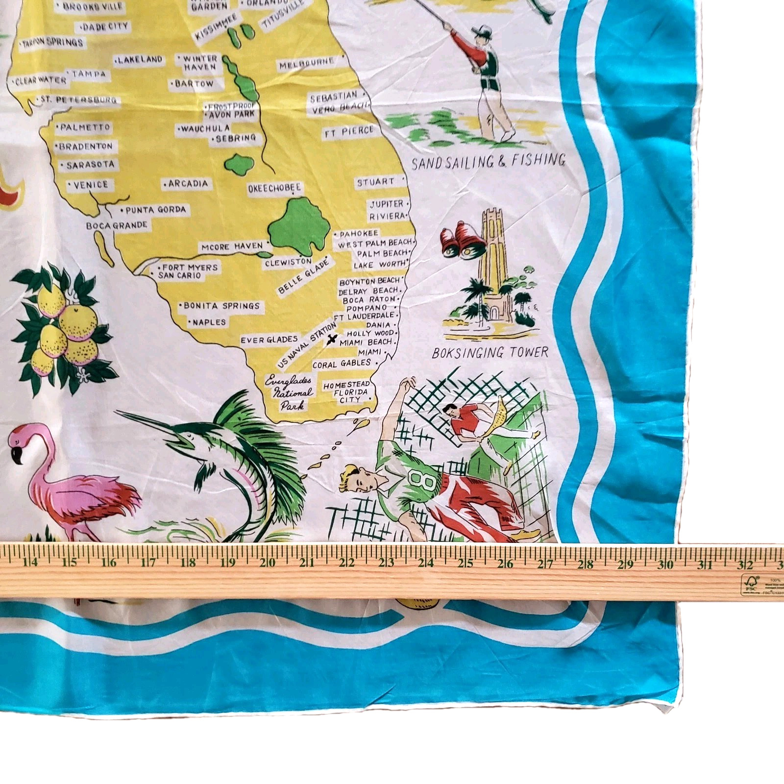 Vintage MCM Florida Map Scarf Rayon Turquoise Blue Hand Rolled Japan 30"X30"