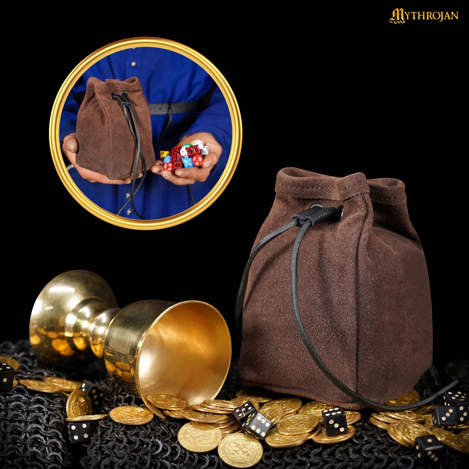 Medieval Leather Pouch Renaissance SCA Belt Bag Drawstring Closure Brown Suede