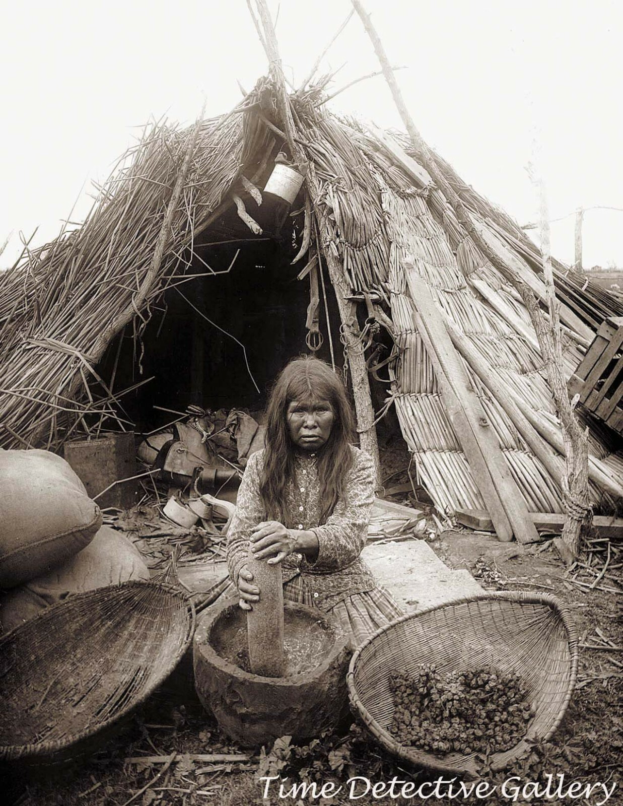 Paiute Indian Woman Grinding Acorns, Lemoore, Calif -c1900- Historic Photo Print