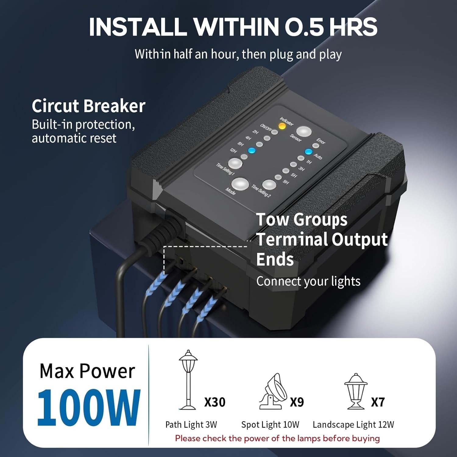 100W Weatherproof Low Voltage Landscape Transformer with Timer & Photocell