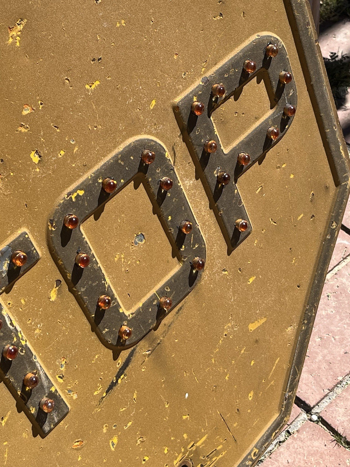 Vintage Early Yellow Stop Sign Embossed Steel Heavy 24" × 24" Cat Eyes