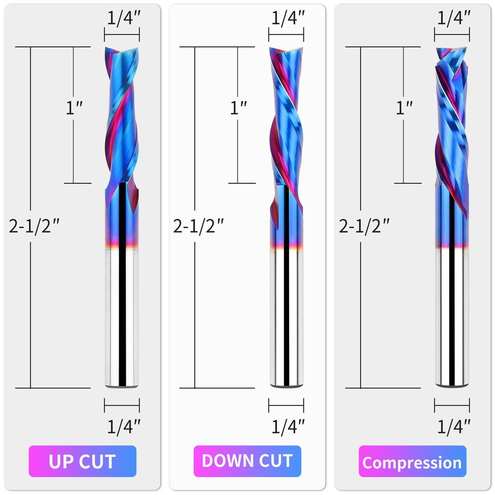 5PCS Spiral Router Bits Up Down Compression Bit with 1/4" Shank 1" Cutting Le...