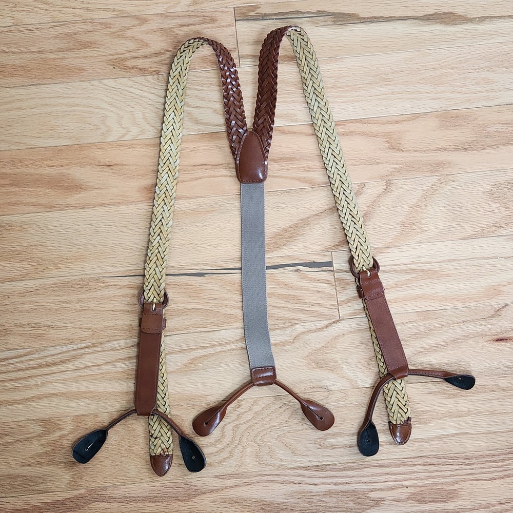 Braided Split Leather Stretch Y-Back Button Down Suspenders Braces Adjustable