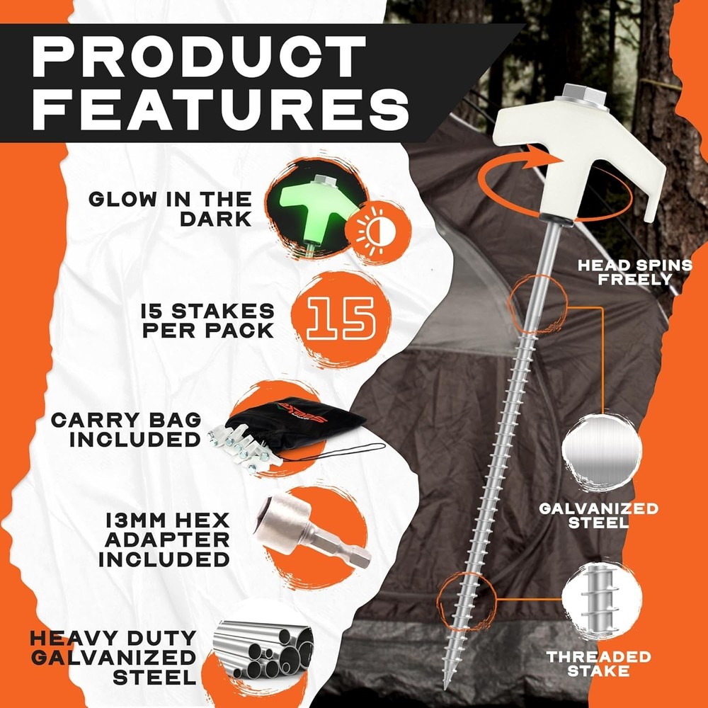 Multi-Purpose 8" Drill-In Tent Stakes - 15-Pack with Hex Driver & Storage Bag
