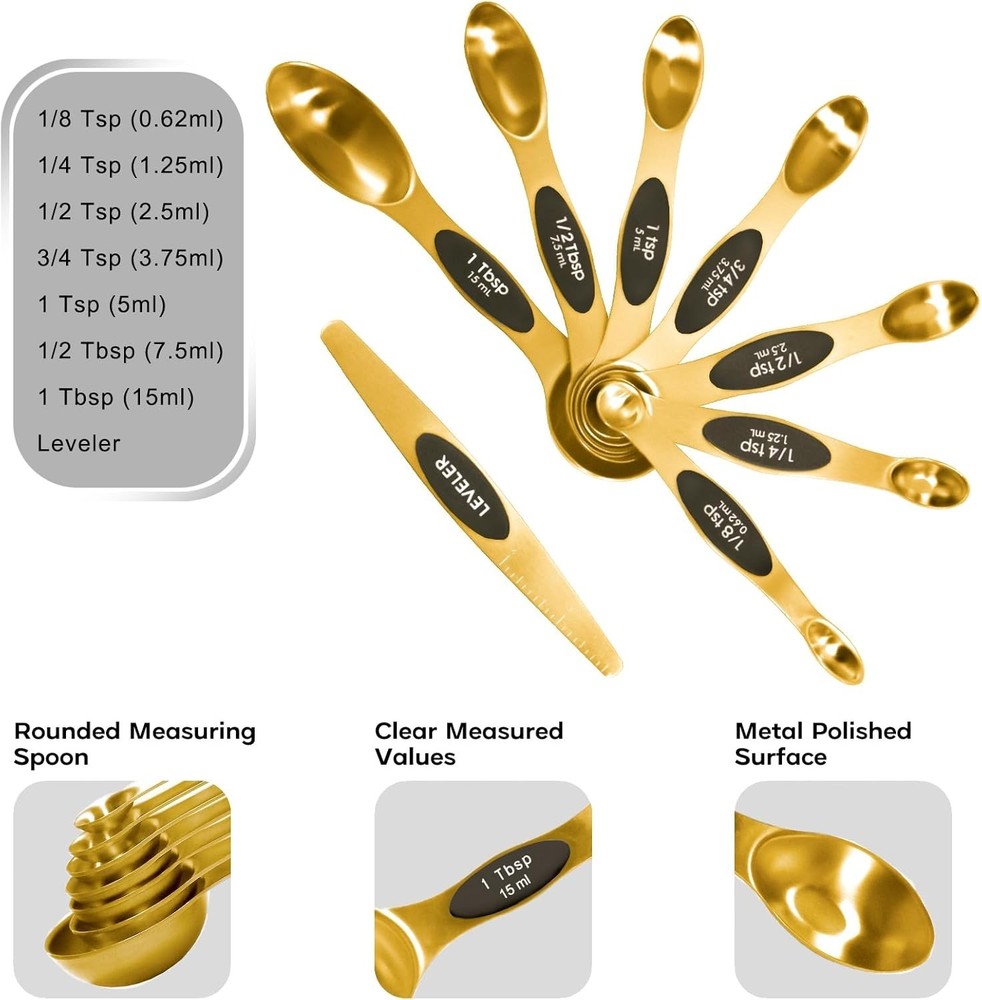 Stackable Gold Magnetic Measuring Cups and Spoons Set for Smart Kitchens