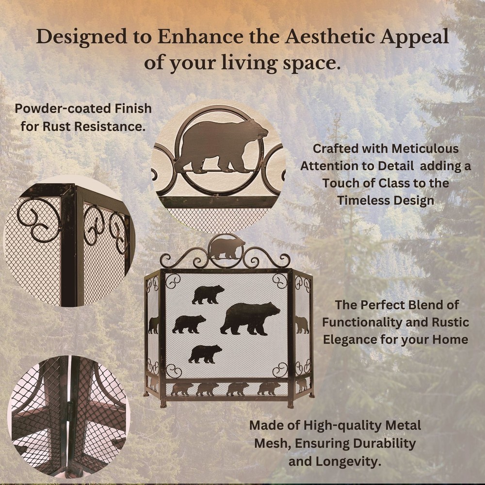 3-Panel Fireplace Screen with Sloth of Bears Design