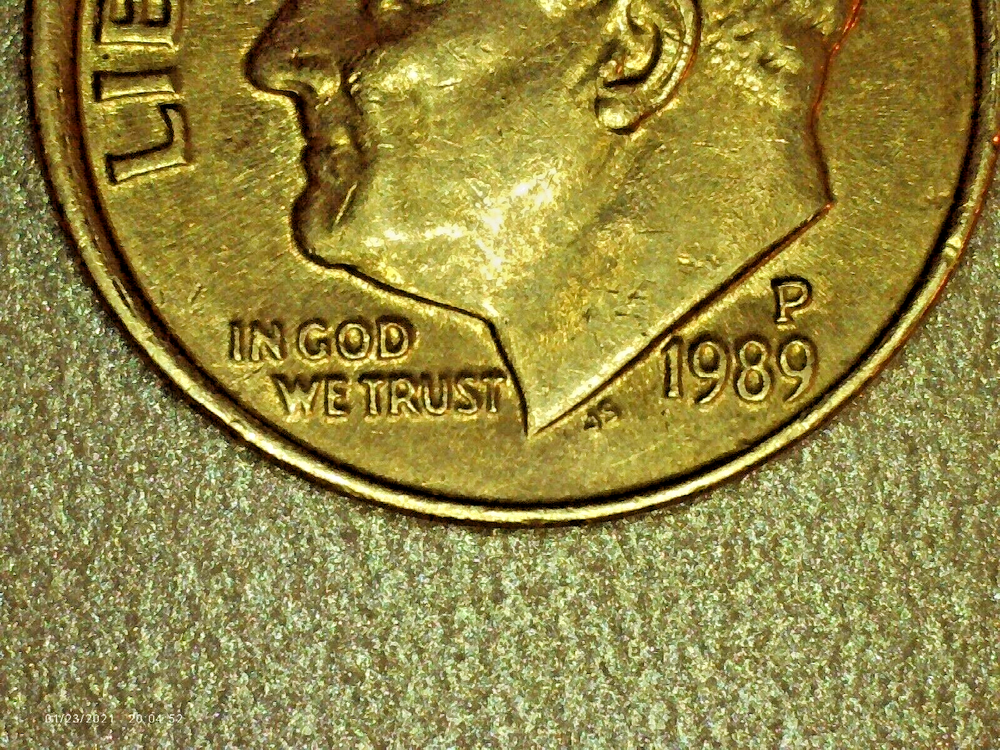 1989-P Roosevelt dime collar/rim error. 450