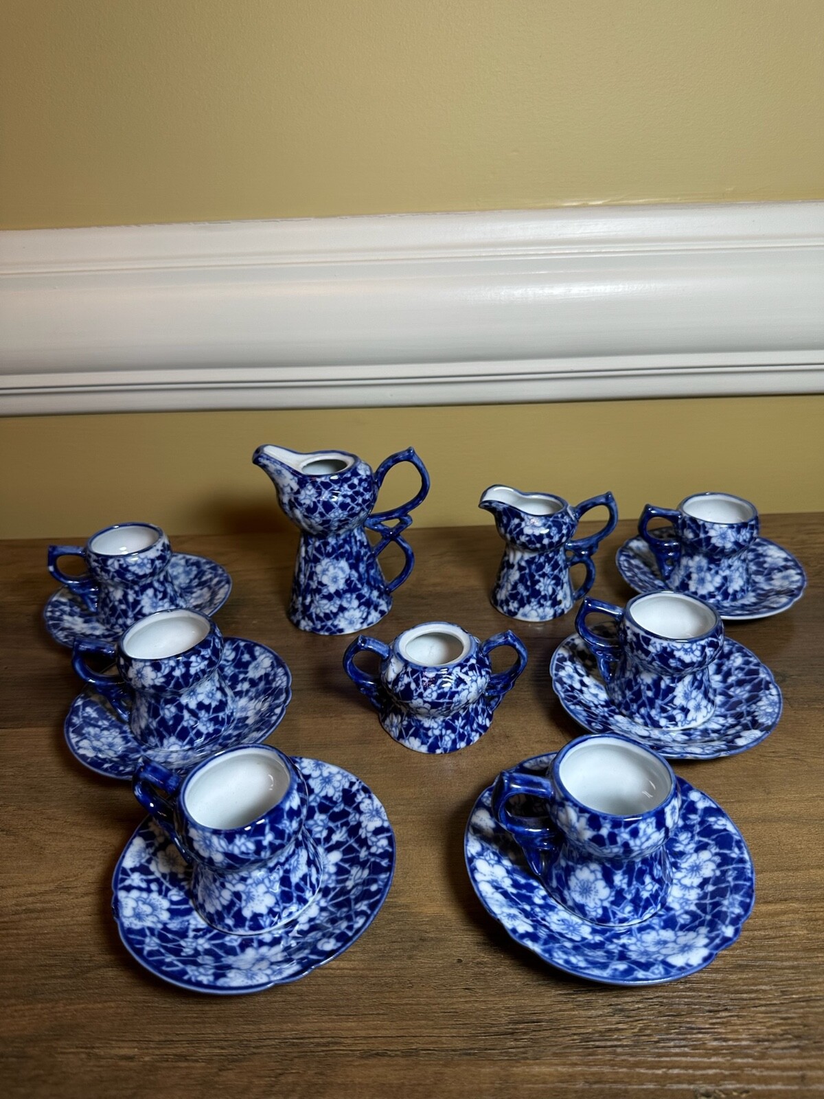 Victoria Ware Stoneware Small Tea Cups Saucers Sugar Creamer Cobalt Flue Floral