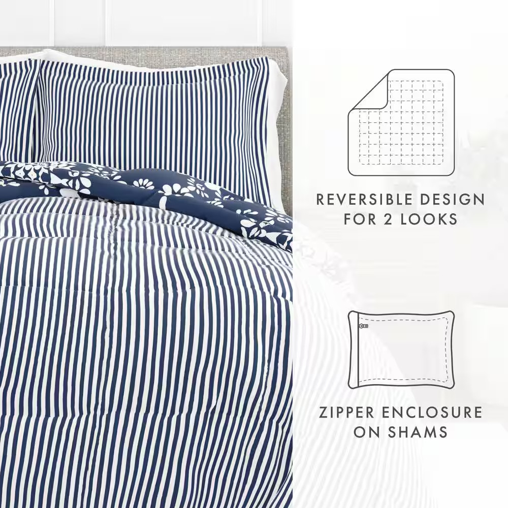 3-Piece Navy Daisy Medallion Pattern Reversible Microfiber Full / Queen Down-Alt