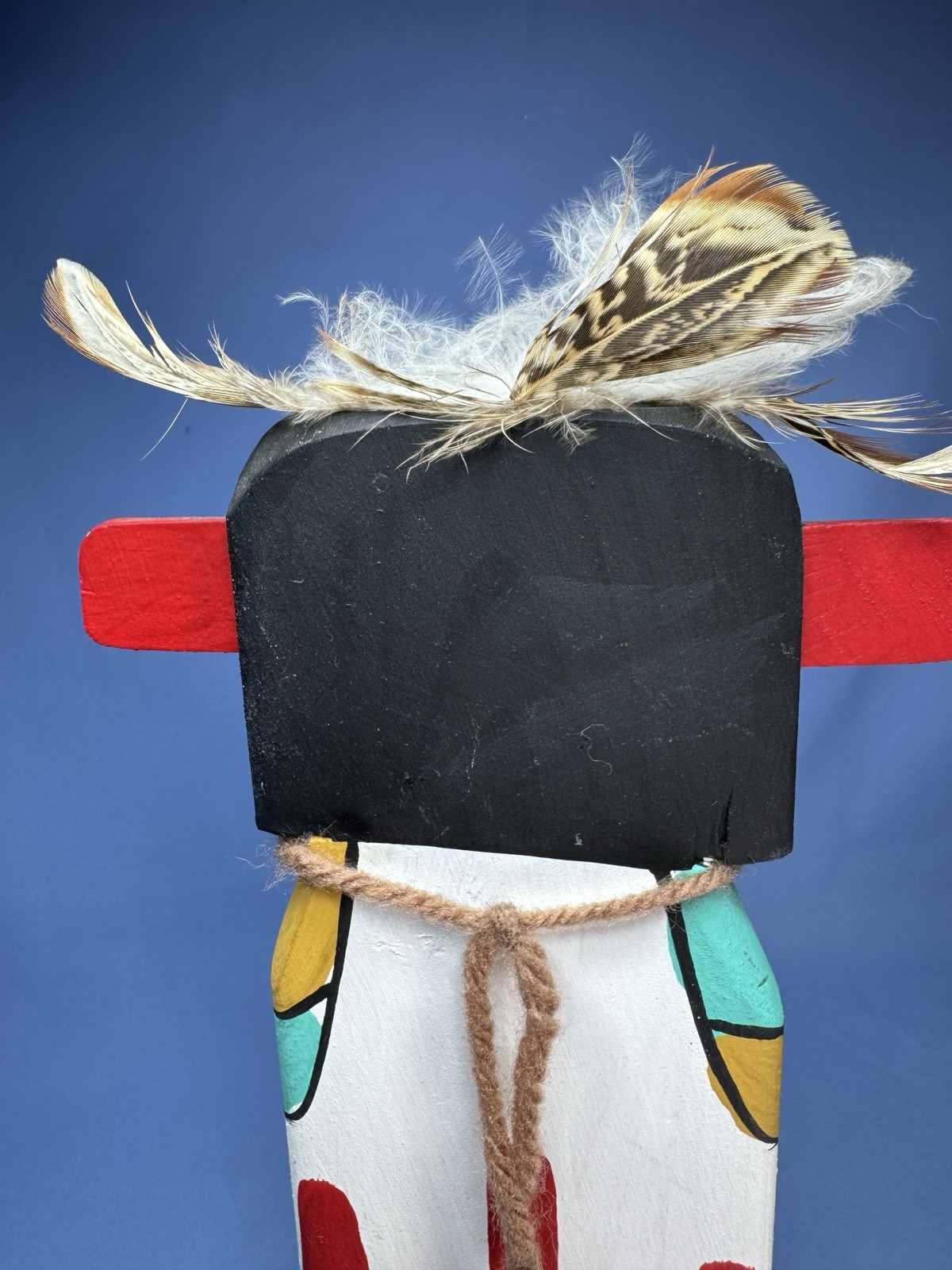 VTG Hopi Puchtihu Corn Kachina Flat Carved Wood With Feathers 7” Sign Puhuyesua