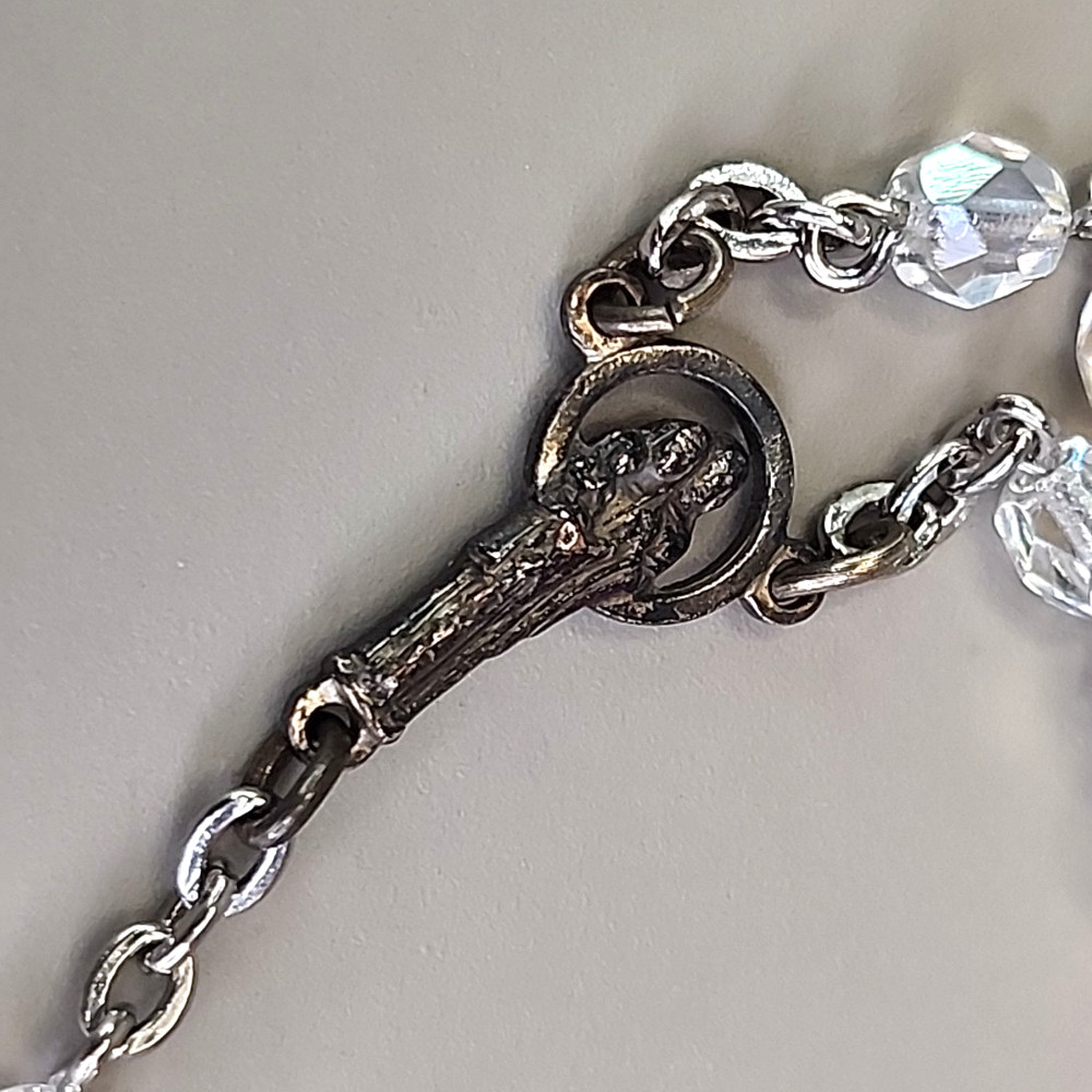 Vintage Rosary Clear AB Glass Beaded 5 Decade Catholic Silver Tone Italy