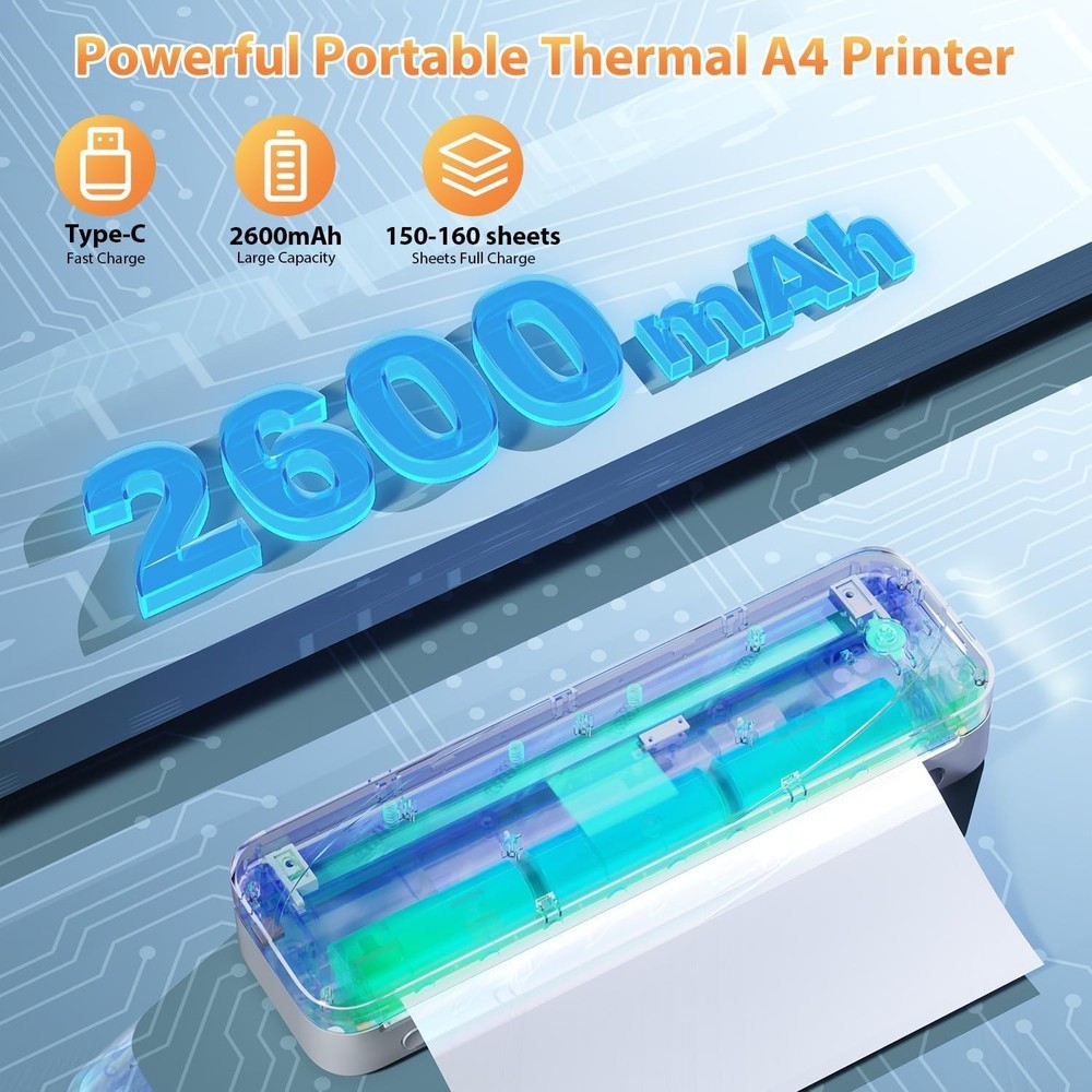 Portable Wireless Bluetooth Thermal Printer, 300DPI Inkless Travel Printer