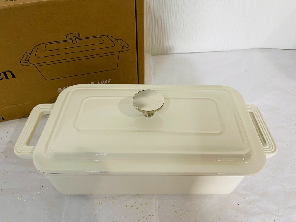 TOMO Cast Iron Bread Oven rectangular Bake 1 LB loaf W/ Lid white color