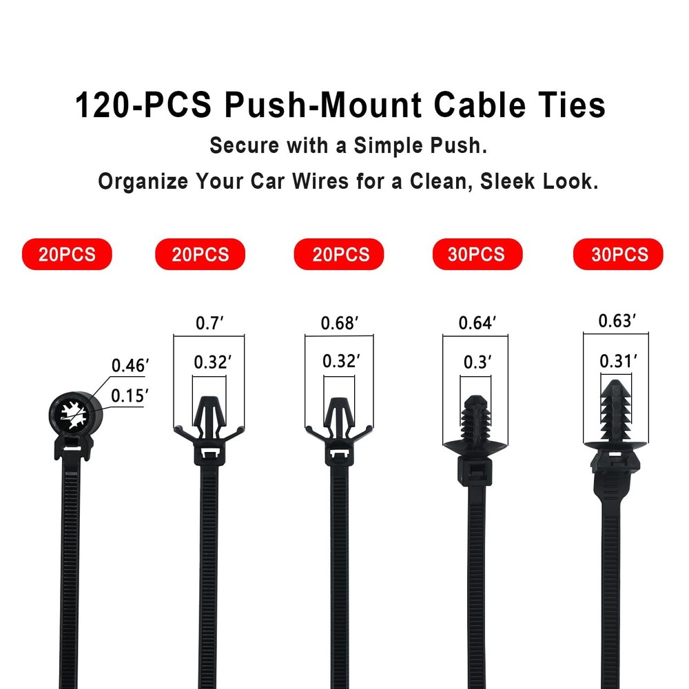 120 PCS Automotive Installation Black Push Mount Cable Zip Ties