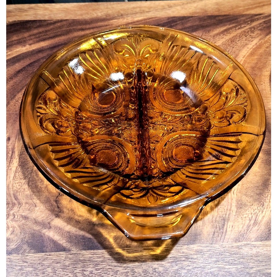 602. Divided Relish Dish Amber Killarney pattern Fleur de Lis