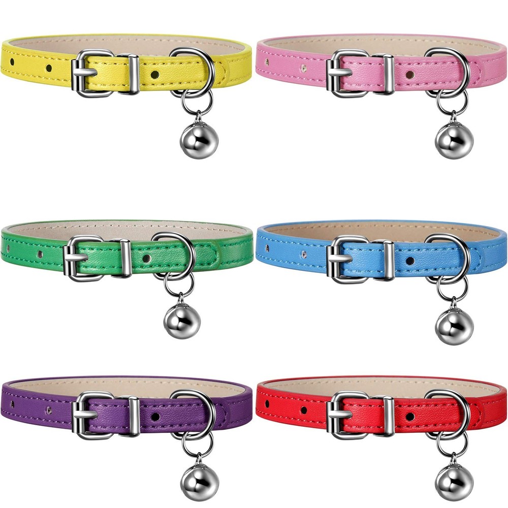 6PCS Leather Cat Collars with Bells, Adjustable Kitten Collars New