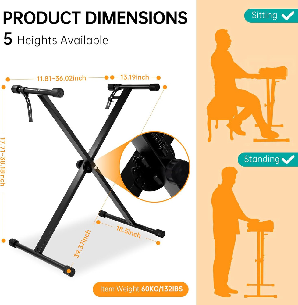 Single-X Keyboard Stand Adjustable Width & Height,Piano Stand with Locking Strap