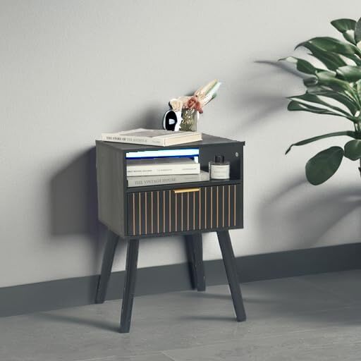 Black Nightstand with Drawer, Mid Century Modern Bedside Table with Open