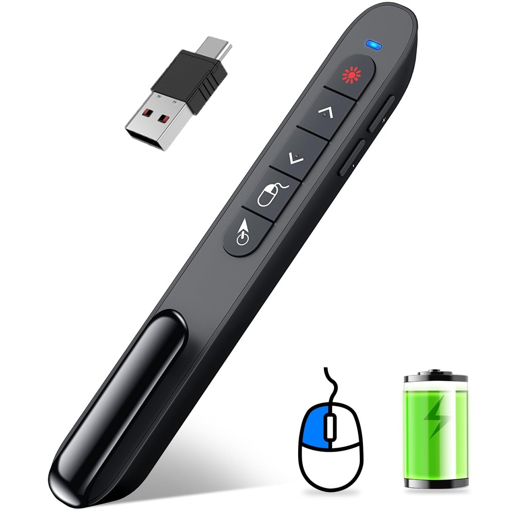 Wireless Presenter Remote with Air Mouse Control, Rechargeable USB A&C Presen...