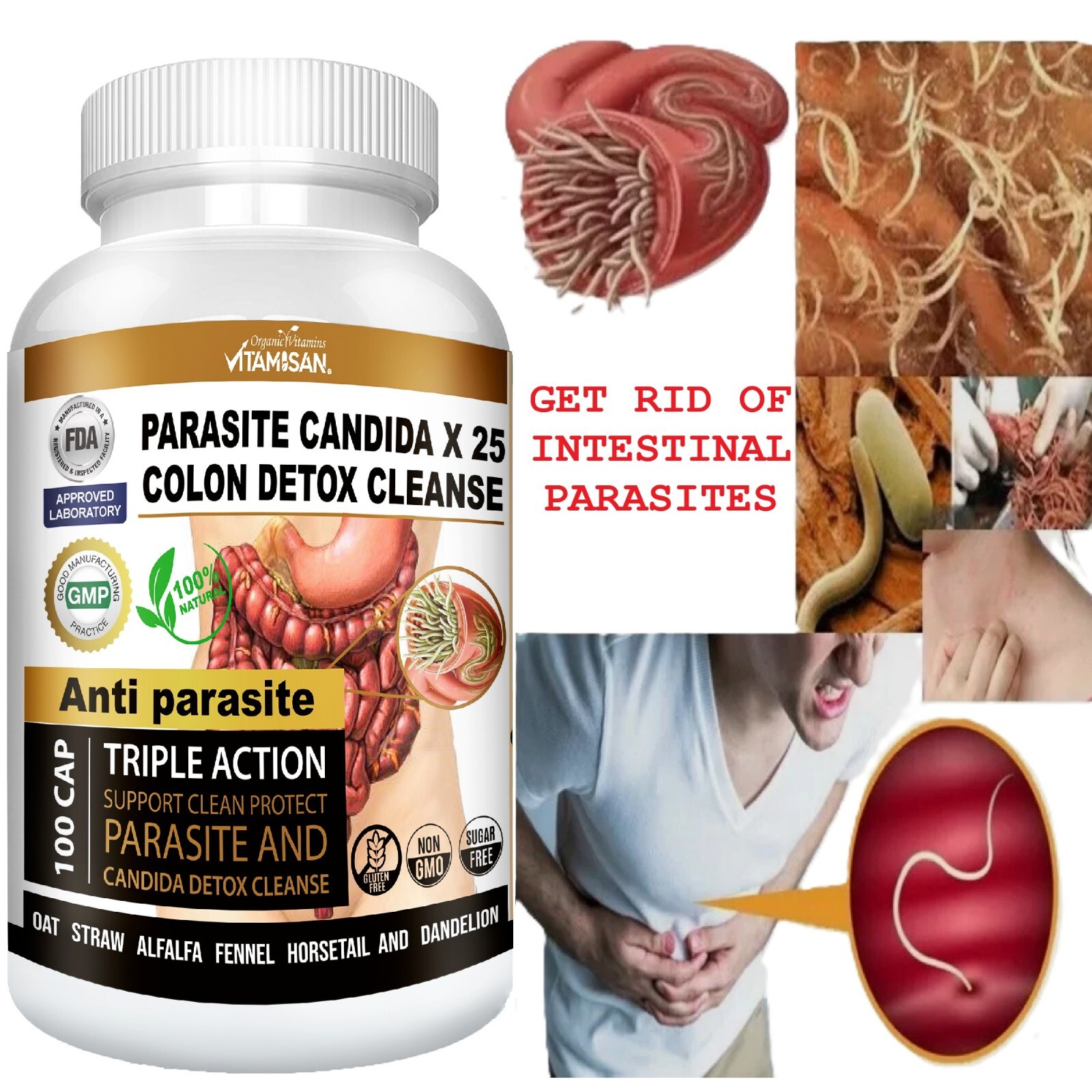 Colon Detox Cleanse Parasite Candida 100 Capsules Natural Herbal Supplement