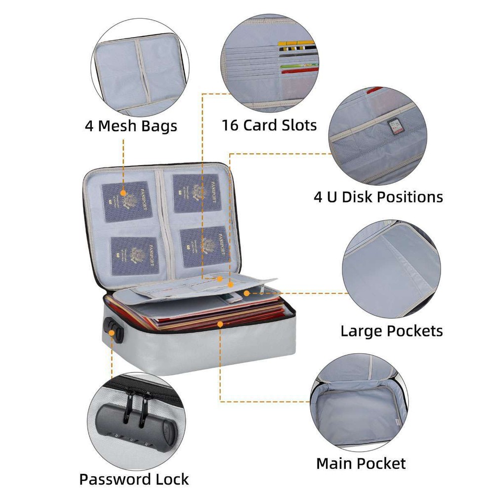 Large Fireproof Document Box with Lock File Storage Waterproof Safe Bag Cash Box